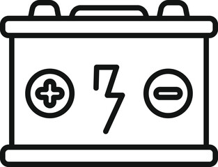 Poster - Simple black and white line art vector icon depicting a car battery with positive and negative symbols