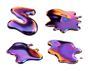 Poster - Y2K Melty holographic shapes isolated. Spilled liquid metal drops. Futuristic metallic puddles