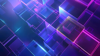 Poster - blue and lilac blocks with neon lines background. generative ai.