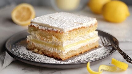 Vanilla slice cake with lemon on a plate