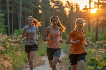 Wall Mural - Three girls athletes running in the park at sunset. Concept Fitness, sport, friendship, racing and healthy lifestyle