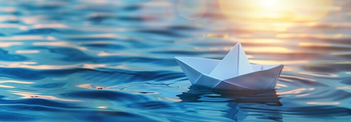 Paper boat sailing on blue boundless water. Small white origami boat In big ocean with blue sky and sunshine. Leadership concept with paper ship. Business for innovative solution. Opportunity, vision.