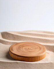 Aufkleber - Wooden podium on sand against white background. Space for text