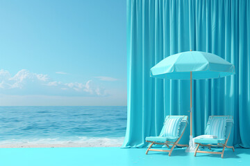 Wall Mural - Blue beach umbrella and chairs on blue background. Summer concept, 3d render