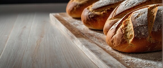 Wall Mural - Delicious tasty freshly baked white bread laying on a wooden table covered in white flour. Beautiful bakery food meal photography illustration wallpaper header concept.