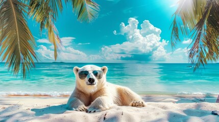 cool polar bear wearing sunglasses relaxing on white sandy tropical beach with blue ocean and palm t