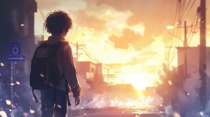 Wall Mural - cute anime boy with backpack walking to school manga style illustration digital art