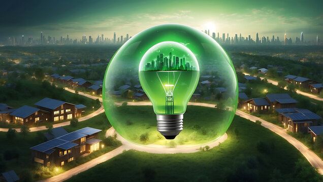 World environment day a green light bulb with a green eco city in the middle