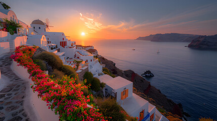 Wall Mural - A photo featuring the picturesque village of Oia on the island of Santorini seen from above. Highlighting the narrow streets lined with bougainvillea and stunning sunset views, while surrounded by the