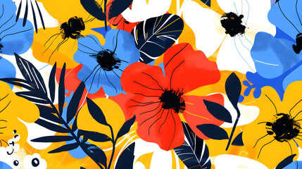 Wall Mural - Bold graphic abstracted flowers botanical floral pattern. Modern abstract flower illustration. Generative AI.