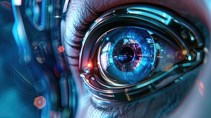 Capture a close-up shot of a secretive spy peering through the lens of a robotic eye