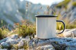 © masharinkaphotos - Summer hiking background, white enamel mug in mountains. Generative AI