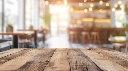 Wall Mural - empty wooden table top and blur of room on a blur bright cafe decoration background. Generative Ai