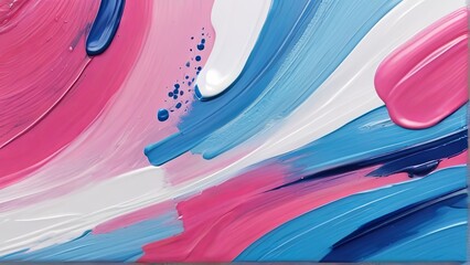 Poster - A vibrant abstract painting featuring a mix of blue, pink, and white colors in dynamic patterns and shapes