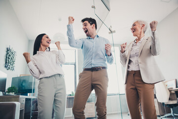 Sticker - Photo of business people raise fists up winning scream in workstation