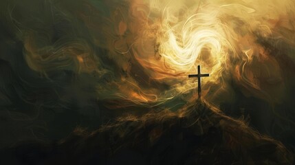 Wall Mural - ethereal light and swirling clouds surrounding the holy cross on golgotha hill evoking a sense of divine presence digital painting