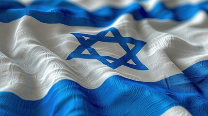 A detailed close-up of the wavy flag of Israel, showcasing its iconic blue Star of David and stripes on a white background