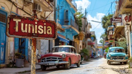 Naklejka na meble A colorful and vibrant street view in Tunisia with a vintage street sign and classic cars