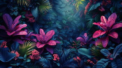 Wall Mural - Biophilic design with lush forest elements, abstract floral shapes, vibrant greens and purples, dynamic and organic composition, serene and tranquil, light filtering through trees, natural patterns.