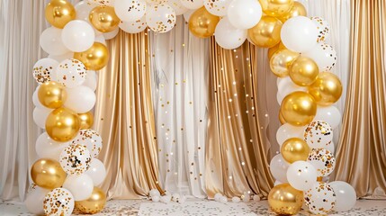 Wall Mural - glamorous gold balloon arch with confetti and white fabric festive wedding or birthday celebration decor