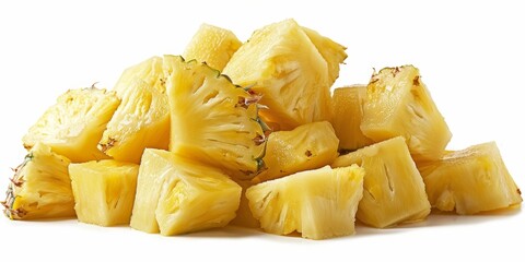 Wall Mural - Freshly cut pineapple pieces in a pile, isolated on white background, ideal for tropical food displays, bright and appetizing, ample space for text