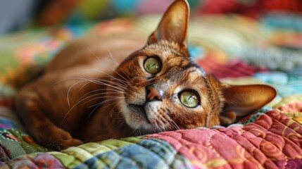 Poster - An overweight Abyssinian cat lounging on a colorful quilt, looking up with bright, inquisitive eyes.
