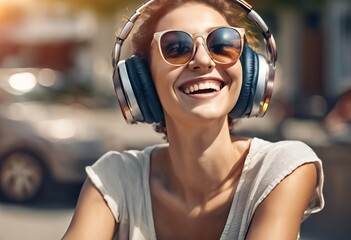 Wall Mural - A woman wearing sunglasses and headphones is smiling