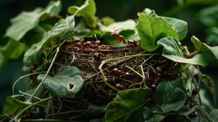 Poster - Ants working together to build a nest out of leaves and twigs, showcasing their cooperative behavior and teamwork.
