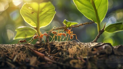 Poster - Ants working together to build a nest out of leaves and twigs, showcasing their cooperative behavior and teamwork.