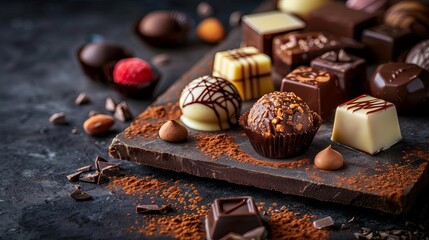 luxurious assortment of artisanal chocolate pralines on rich chocolate background food photography