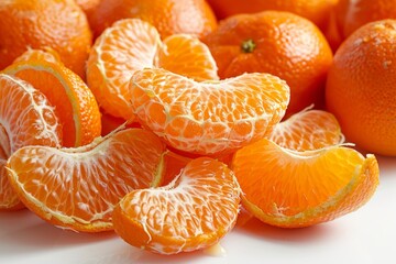 Wall Mural - Freshly peeled tangerine segments in a pile, isolated on white background, ideal for tropical food displays, bright and appetizing, ample space for text