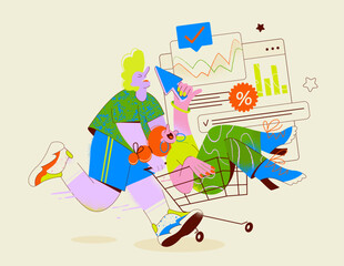 Vector illustration of abstract online store concept. A man is pushing a cart with a woman. Online shopping, discount system, sale, purchasing goods in the warehouse, retail store, shopping cart, use