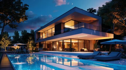 Wall Mural - luxurious modern villa with illuminated pool and landscaped garden at night architectural 3d rendering