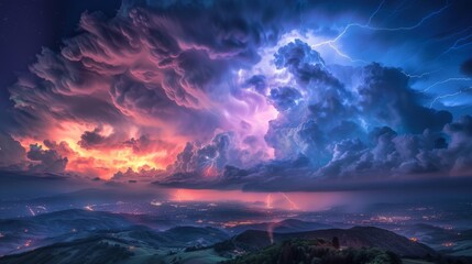 Poster - Dramatic storm clouds illuminated by lightning flashes, casting an eerie glow over the landscape below.