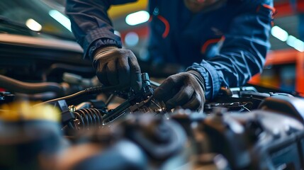 Wall Mural - The mechanic is working on the engine of an electric truck, which has wires and other parts attached to it. He wears dark blue work  with blue gloves and hat. 