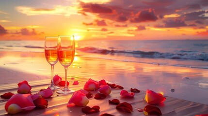 Wall Mural - luxurious romantic dinner for two on the beach at sunset valentines day concept