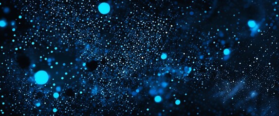 Abstract Dark Blue Background with Glowing Particles and Bokeh Lights