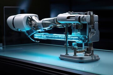 Poster - a robot is operating a laptop computer, A 3D model of a robotic arm performing surgery with delicate precision