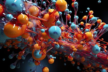 Poster - a close up of a cell with many balls, A 3D visualization of a chemical reaction, with atoms and molecules colliding in a vibrant dance