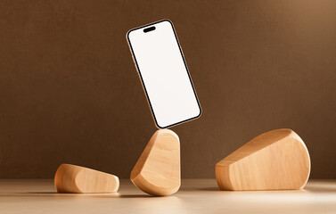Wall Mural - Phone screen mockup with wooden props for ui ux app concept design. Application interface and web design presentation concept in realistic 3D rendering