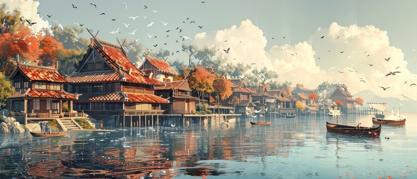 Tranquil Watercolor Fishing Village: A captivating scene of a traditional Japanese fishing village with wooden houses lining the shore, red-tiled roofs reflecting in calm harbor waters.