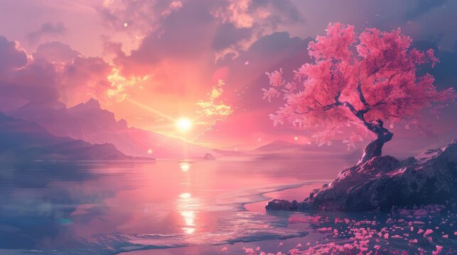 dreamy sunset over the sea with ethereal pink tree surreal fantasy landscape digital painting