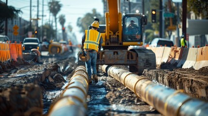Construction Worker Standing Next to Large Pipe