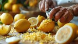 Fototapeta  - A chef's hands zesting a lemon, using a grater to collect the fragrant peel. Minimal and Simple style