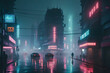 © organik - Cyberpunk streets illustration, futuristic city, dystoptic artwork at night, 4k wallpaper. Rain foggy, moody empty future