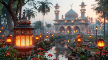 An lantern in the front with mosque background Eid-ul-azha poster design ai_generated 