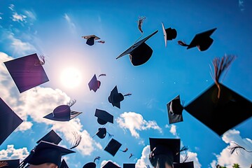 a group of graduates tossing their caps in the air, A depiction of graduation hats being thrown in the air symbolizing successful completion of education