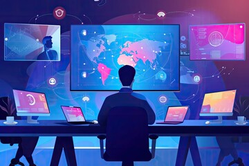 Poster - a group of people sitting at a table with laptops, A skilled project manager overseeing complex tasks