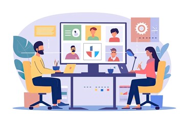Poster - a group of people sitting at a table with laptops, A skilled project manager overseeing complex tasks