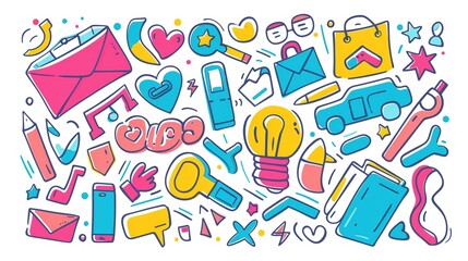 Wall Mural - Colorful doodles of various objects and symbols, including clocks, pizza, cameras and glasses on a white background. Creativity and fun concept, with various shapes